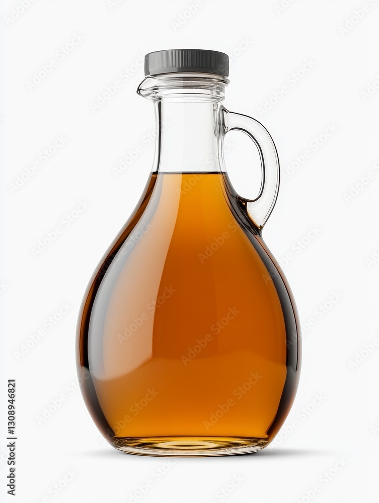Amber Liquid in a Clear Glass Bottle with Handle on White Background Amber Liquid in a Clear Glass Bottle with Handle on White Background