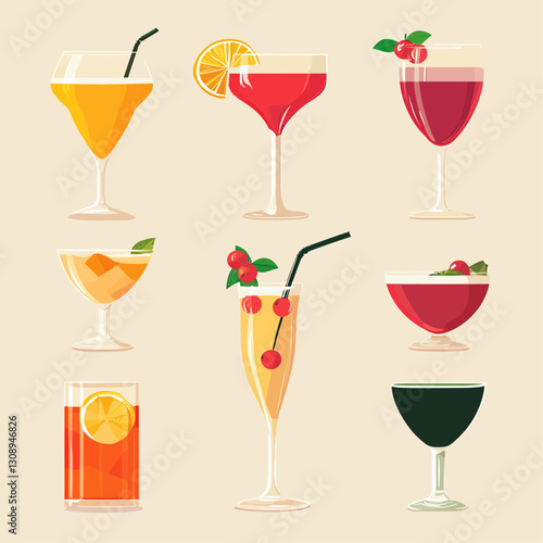 Assorted cocktail glasses: orange, red, yellow, and dark green drinks art