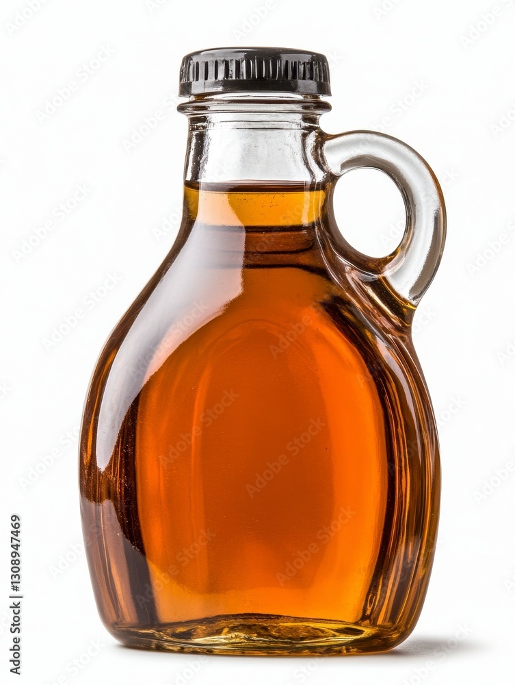 Amber Maple Syrup in Clear Glass Bottle with Handle on White Background Amber Maple Syrup in Clear Glass Bottle with Handle on White Background