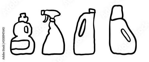 Cleaning bottles set in hand drawn style in vector. Elements for design advertisement mail posts poster print packaging wrapping