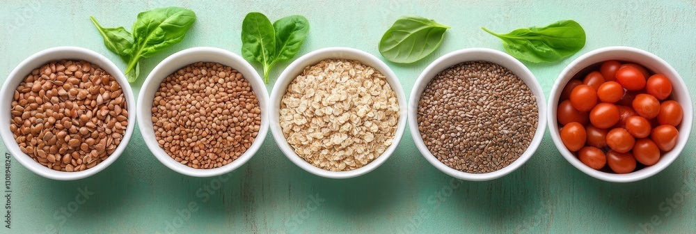Buckwheat, Chia Seeds, Rolled Oats, and Cherry Tomatoes With Fresh Spinach on Green Background Buckwheat, Chia Seeds, Rolled Oats, and Cherry Tomatoes With Fresh Spinach on Green Background
