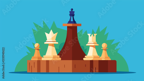 A chess set p on a tree stump waiting for passersby to challenge each other.. Vector illustration