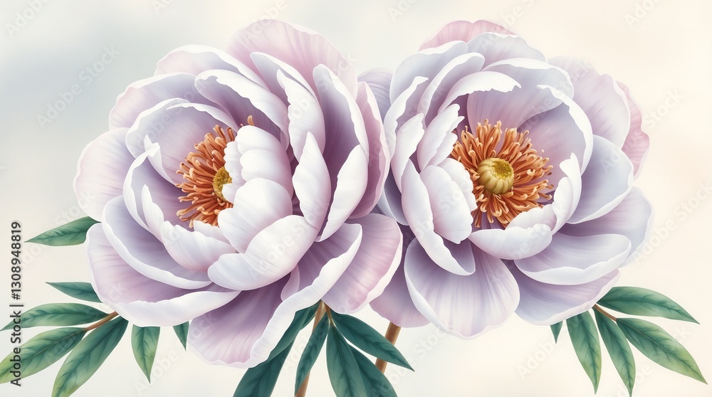 Fototapeta premium Stunning illustration of two blooming peonies in soft lavender hues