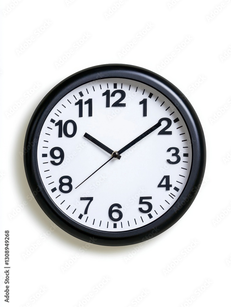 Black Framed Analog Clock with White Face on White Background Black Framed Analog Clock with White Face on White Background