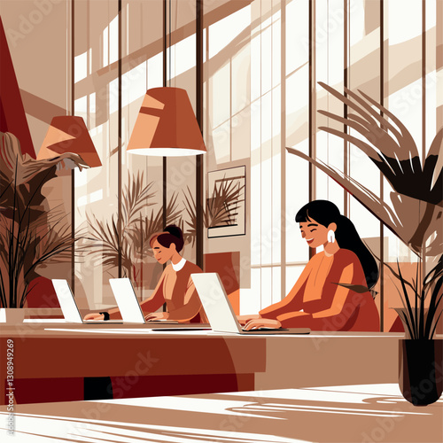 people, working on their laptops in an office or coworking space, they are happy to work in a beautiful space

