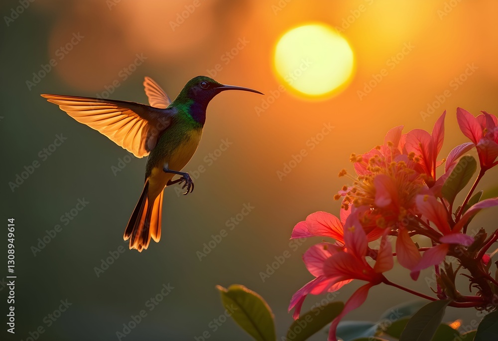 Naklejka premium Sunset-Hued Sunbird Near Tropical Blooms