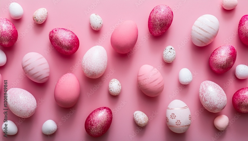 Pattern of pink and white Easter eggs over pink background
Pattern of pink and white Easter eggs over pink background