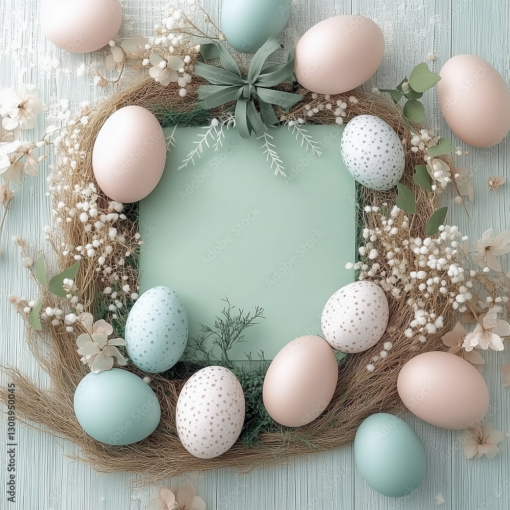 Obraz premium Easter composition - pastel colors, eggs and decor are laid out on the table close-up.