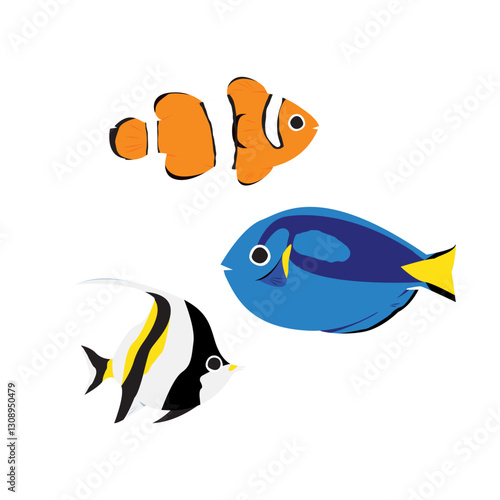 clown fish,moorish idol fish, blue tang fish, tropical fish vector illustration