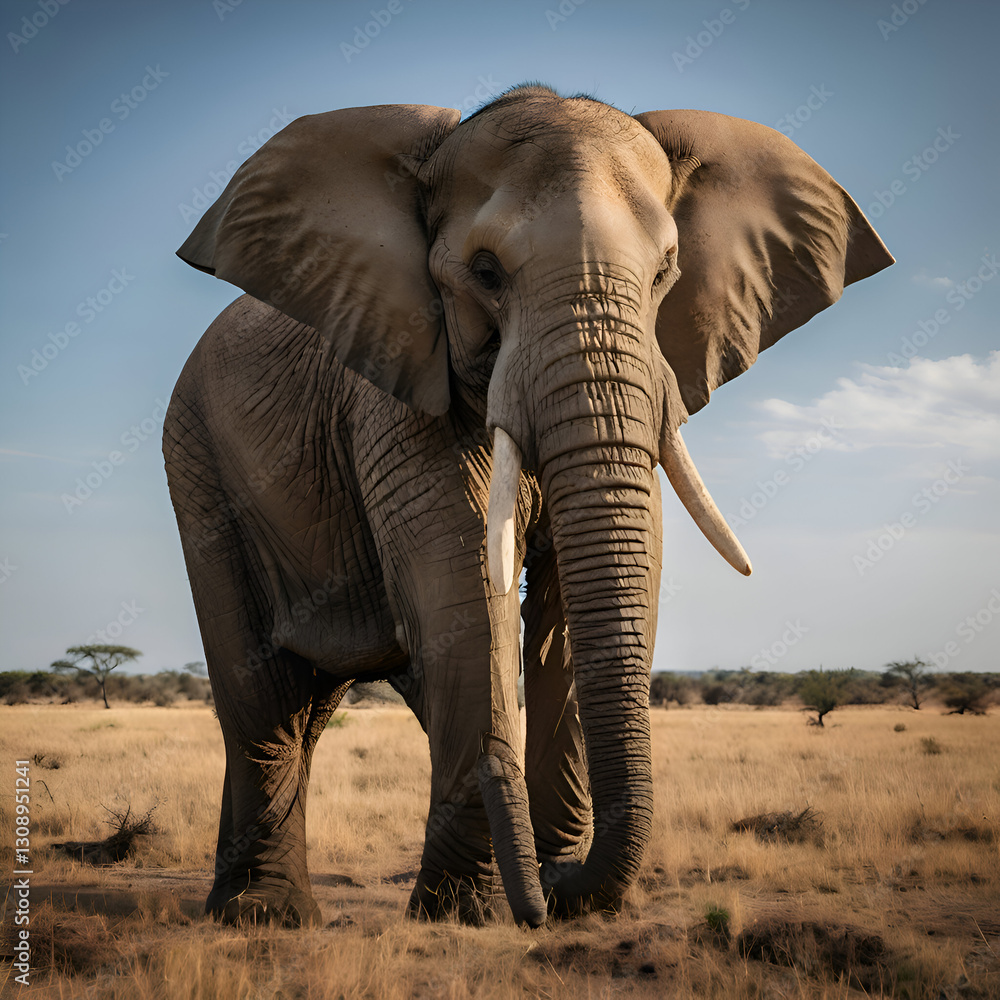 Fototapeta premium A massive elephant standing tall with its trunk lifted higher