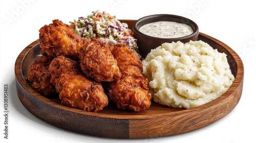 Crispy fried chicken meal with mashed potatoes fast food delight comfort food home setting close-up view flavorful experience