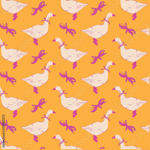 Summer seamless pattern with cute hand drawn geese and cute bows on pink background. Funny goose with tied bow. Print for fabric, wallpaper or wrapping paper. Vector illustration.