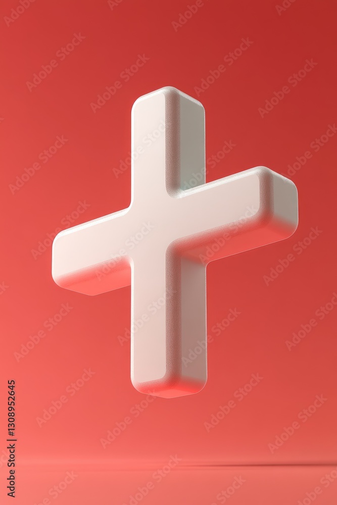 Obraz premium A Three Dimensional White Plus Symbol Floating Against Red Background