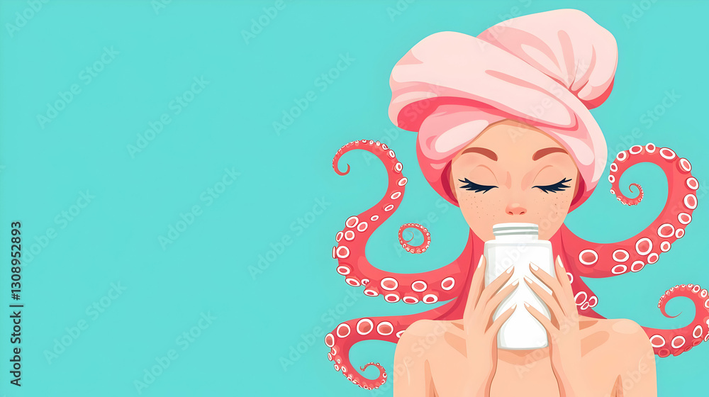 Relaxing Woman with Octopus Tentacles and Bath Product in Hands Relaxing Woman with Octopus Tentacles and Bath Product in Hands