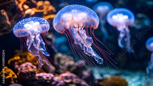 Several jellyfish swimming gracefully in the deep ocean water