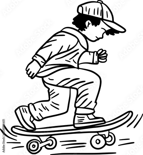 Hand-Drawn Black and White Cool Skater Performing Tricks Doodle Illustration