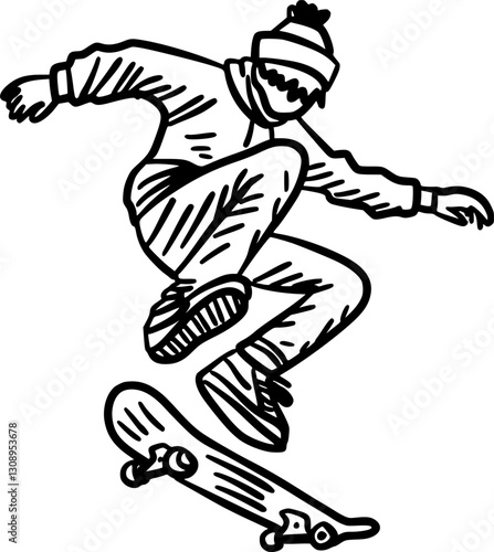 Hand-Drawn Black and White Extreme Skateboarding Stunt Doodle Illustration
