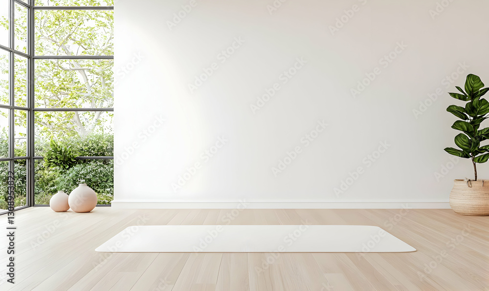 Fototapeta premium Bright and Tranquil Yoga Space with Natural Light and Plant Decor