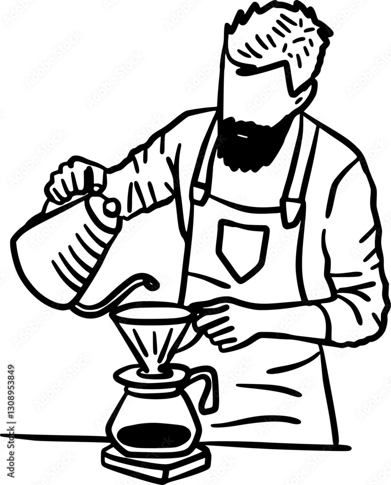 Hand-Drawn Black and White Barista Making Pour Over Coffee Doodle Illustration Hand-Drawn Black and White Barista Making Pour Over Coffee Doodle Illustration