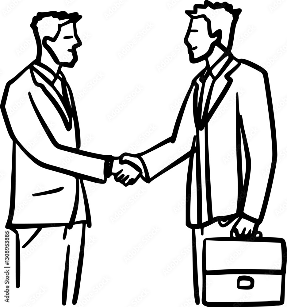 Hand-Drawn Black and White Partnership Handshake Between Businessmen Doodle Illustration