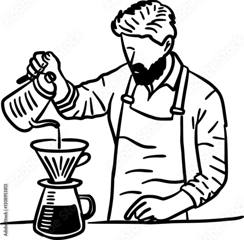 Hand-Drawn Black and White Coffee Brewer Pouring Hot Water Doodle Illustration