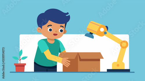 With precision and focus the child unpacks a robotic arm kit envisioning all the cool tasks it can perform with its multijoint movements.. Vector illustration