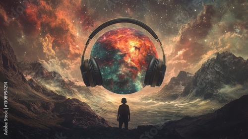 Surreal artwork featuring a figure facing a cosmic landscape with a giant sphere encapsulating a vibrant galaxy and headphones, blending nature and imagination.. AI Generation