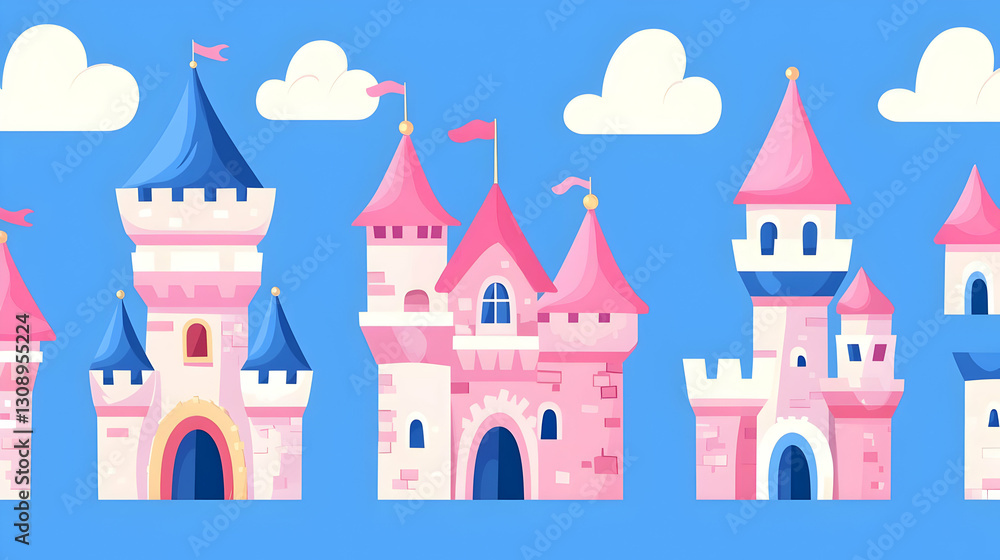 Colorful Fantasy Castle Collection with Blue Sky and Clouds Colorful Fantasy Castle Collection with Blue Sky and Clouds