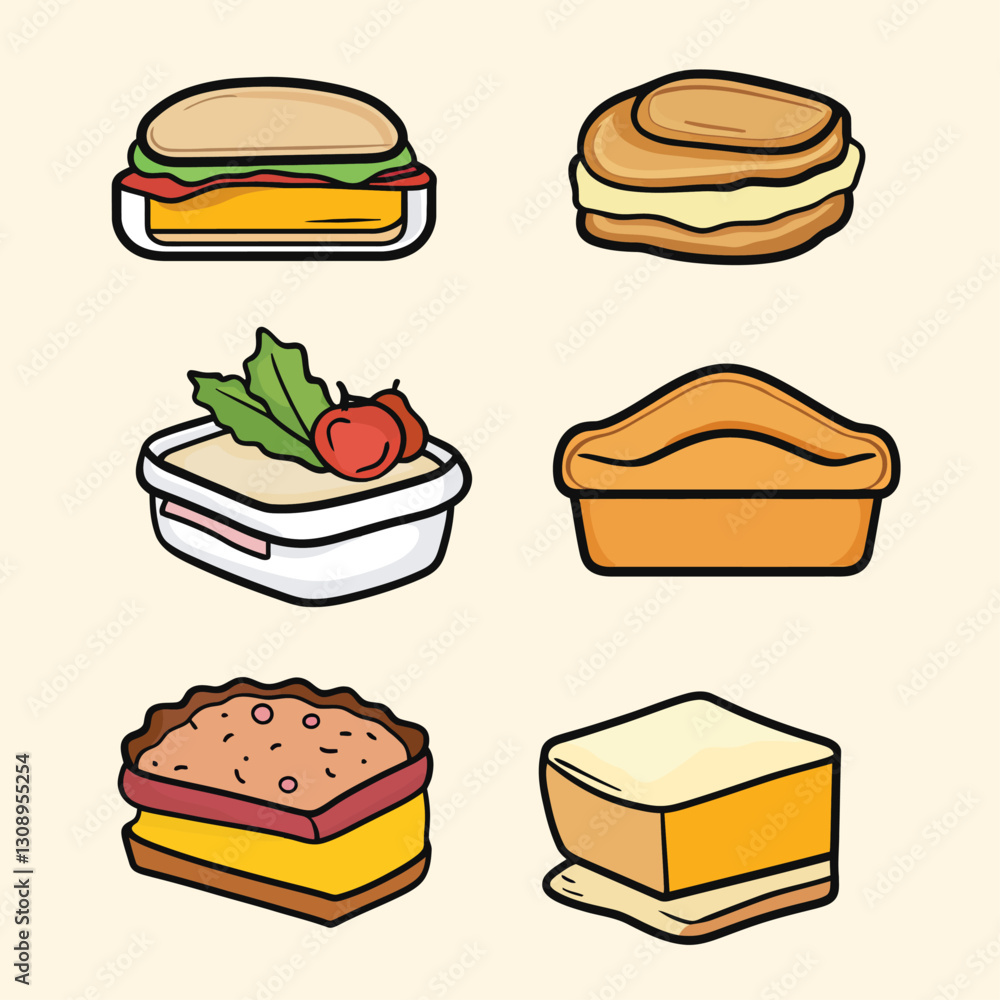 Cartoon food illustrations: sandwiches, pudding, pie, and cheesecake Cartoon food illustrations: sandwiches, pudding, pie, and cheesecake