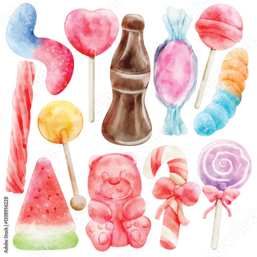 Watercolor Candy Illustration Set, Sweet Collection, Lollipop, Gummy Bear, Candy Cane, Chocolate, Caramel, Jelly, Bonbon, Hard Candy, Cute, Hand Painted, Realistic, Artistic