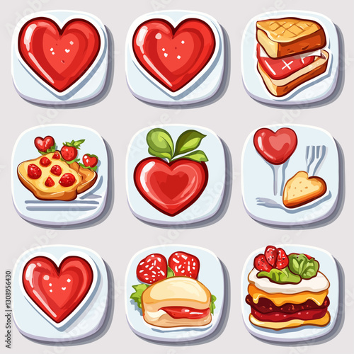 Heart-shaped food icons celebrate love in culinary desserts and sandwiches