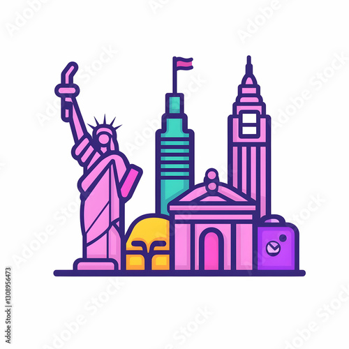 Iconic Landmarks Illustration in Vibrant Colors and Modern Design