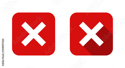 Cross mark, x icon with long shadow. Close, delete, block sign symbol on red square