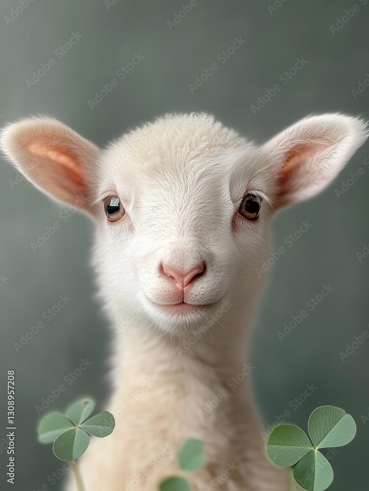 Fototapeta premium Young lamb with soft fur and curious expression surrounded by clovers in a serene setting