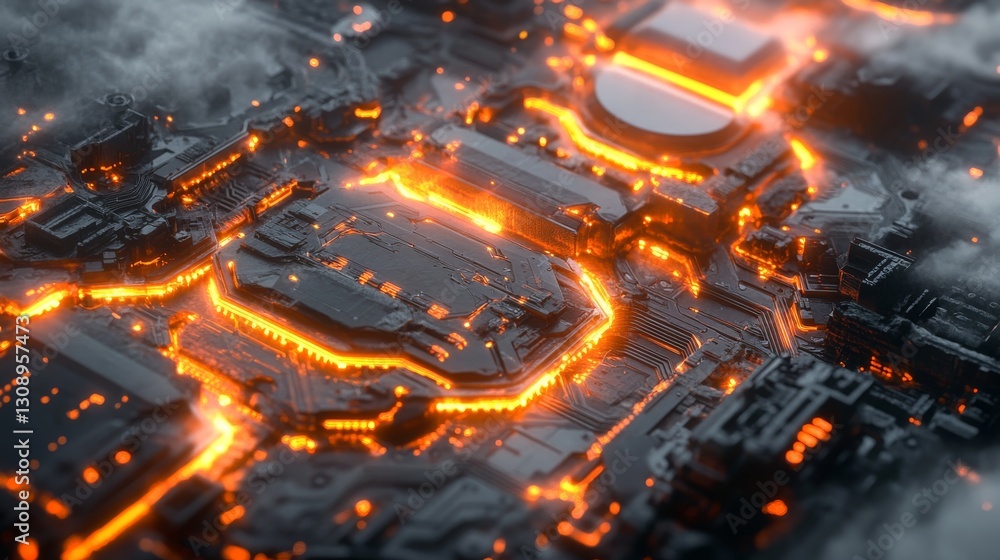 A close-up view of a futuristic circuit board with vivid orange lights outlining the pathways, creating a sense of energy flow. The dark, industrial look contrasts with the neon glow, emphasizing A close-up view of a futuristic circuit board with vivid orange lights outlining the pathways, creating a sense of energy flow. The dark, industrial look contrasts with the neon glow, emphasizing