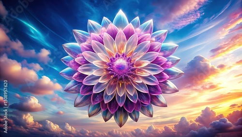 Abstract Lavender & Pink Glossy Flower, Geometric Pattern, Soft Cloud Sky - Stock Photo