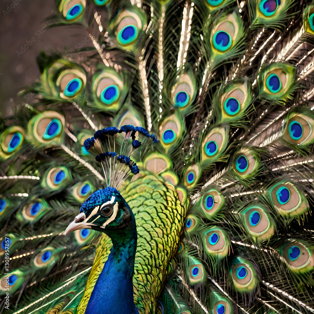 Fototapeta premium A vibrant peacock showcasing its iridescent blue and green tail in full display