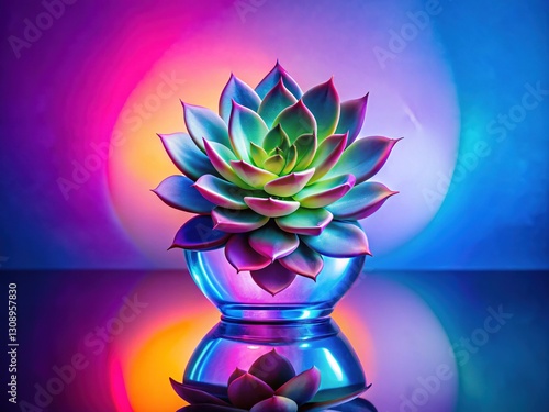 Abstract Succulent Bloom with Lava Lamp Effect & Neon Lights - Glass Reflection Stock Photo