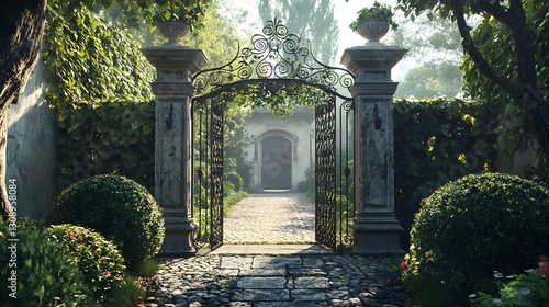 Elegant Baroque Wrought Iron Fence in a Garden