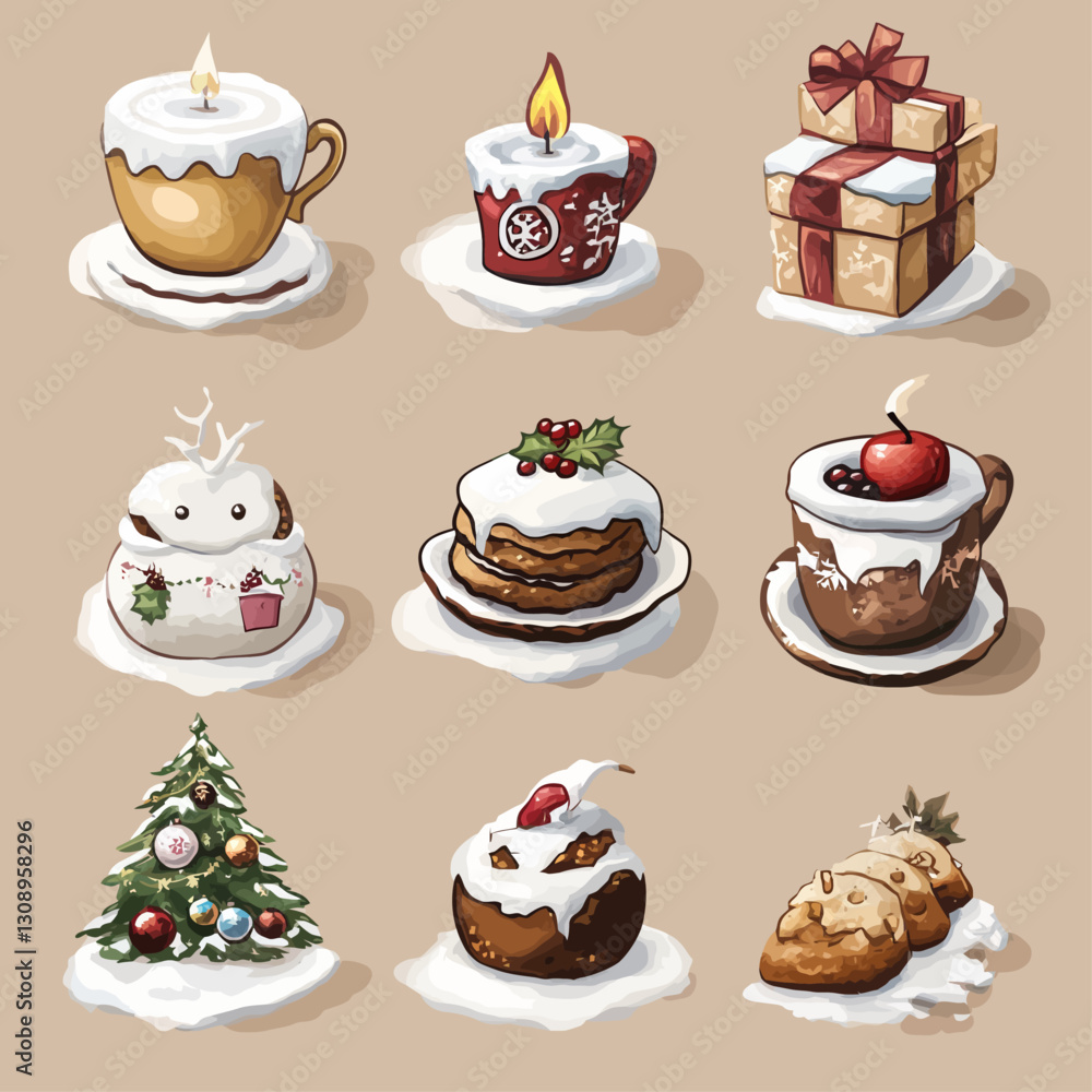 Christmas sweets and drinks with snow frosting cartoon illustration Christmas sweets and drinks with snow frosting cartoon illustration