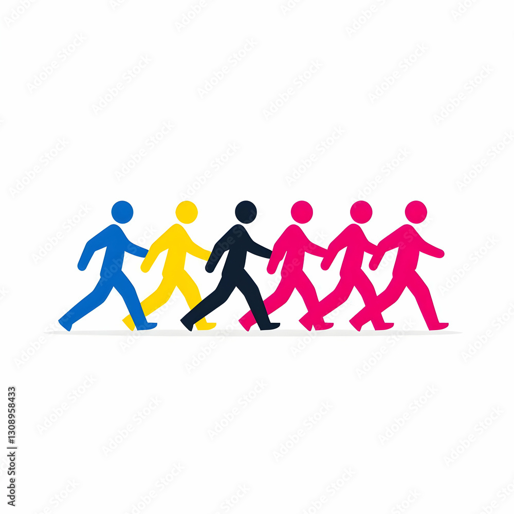 Colorful Silhouette of People Walking in a Line on White Background Colorful Silhouette of People Walking in a Line on White Background