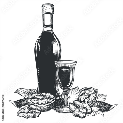 Vector Walnut liqueur in engraving technique. Ripe walnut seeds whole and halves and leaves. Bottle of walnut liqueur, glass with aperitif. Linear sketch in black ink on white background.
