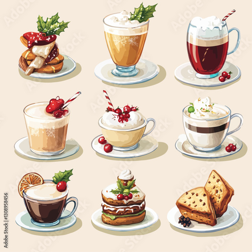 Assorted Christmas Drinks and Desserts on Plates for Holiday Celebrations