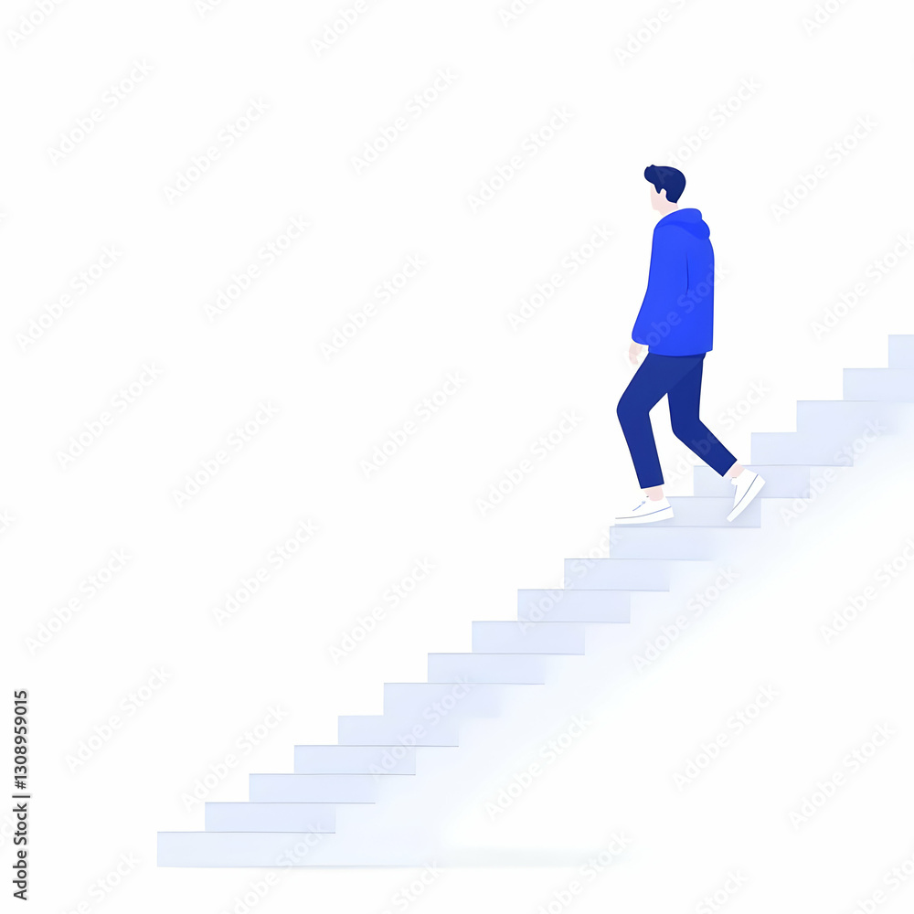 Young Man Climbing Stairs in Minimalist Style with Blue Hoodie Young Man Climbing Stairs in Minimalist Style with Blue Hoodie