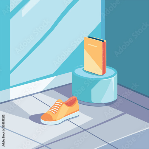Shoes are on the floor, the office pass on the pedestal, colorfull flat illustration