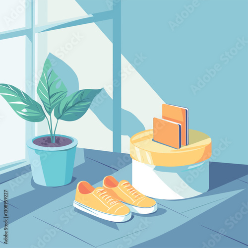 Shoes are on the floor, the office pass on the pedestal, colorfull flat illustration