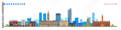 Manchester City skyline and landmarks travel and tourism vector illustration.