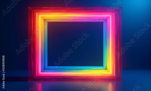 vibrant, multicolored neon frame with glowing effect against dark background creates striking visual impact. This artistic piece showcases blend of colors, enhancing its modern aesthetic