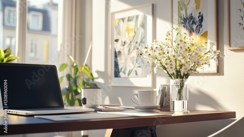 Wallpaper Mural Sunny Parisian office desk with flowers, laptop, and city view; ideal for work/home office stock Torontodigital.ca