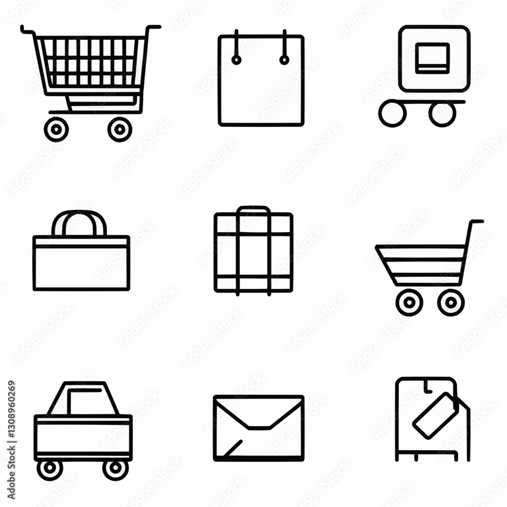 minimalist icon set for e-commerce, online shopping. Features shopping carts, credit cards, packages, delivery trucks, sale tags. Clean vector design for marketplaces, online stores, fintech platforms minimalist icon set for e-commerce, online shopping. Features shopping carts, credit cards, packages, delivery trucks, sale tags. Clean vector design for marketplaces, online stores, fintech platforms